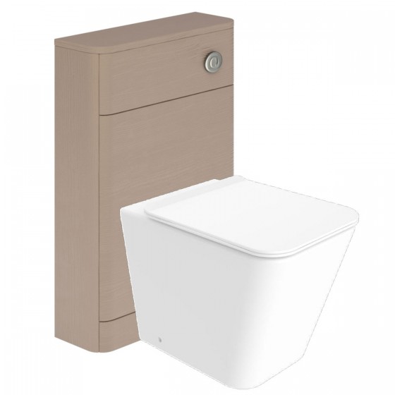 Indo Rimless Back to Wall Pan, Slim Soft Close Seat, Cuban Light Grey Wood WC Unit and Concealed Cistern