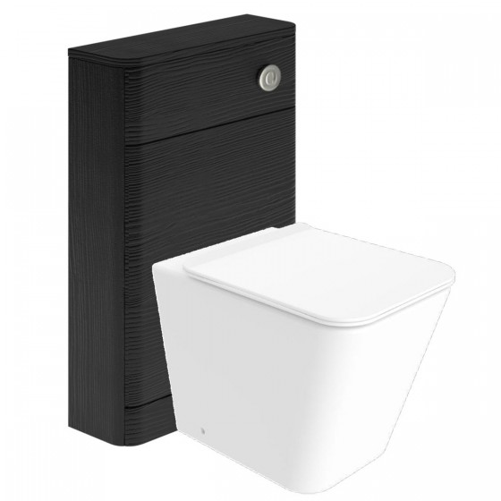 Indo Rimless Back to Wall Pan, Slim Soft Close Seat, Cuban Black Wood WC Unit and Concealed Cistern