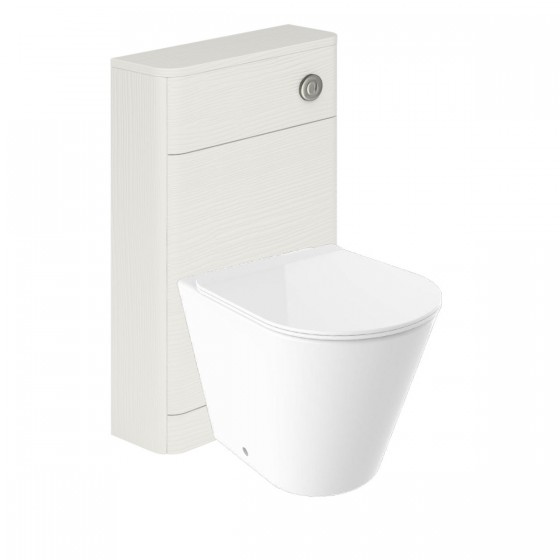 Surface Rimless Back to Wall Pan, Slim Soft Close Seat, Cuban White Wood WC Unit and Concealed Cistern