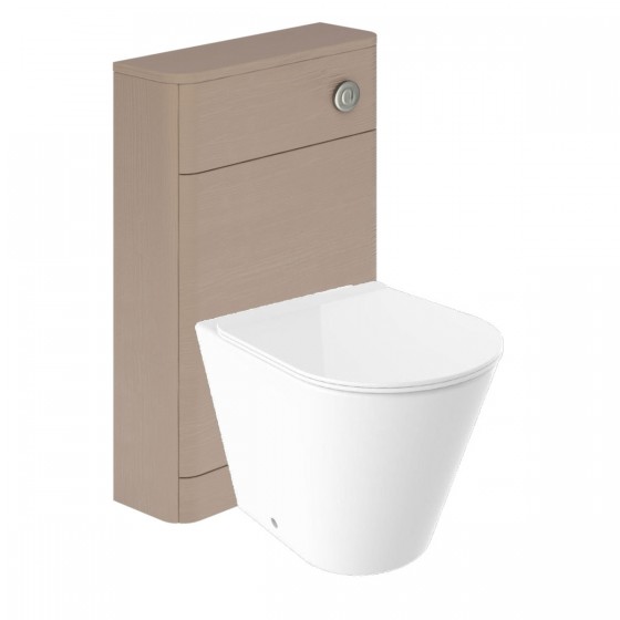 Surface Rimless Back to Wall Pan, Slim Soft Close Seat, Cuban Light Grey Wood WC Unit and Concealed Cistern