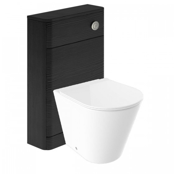 Surface Rimless Back to Wall Pan, Slim Soft Close Seat, Cuban Black Wood WC unit and Concealed Cistern