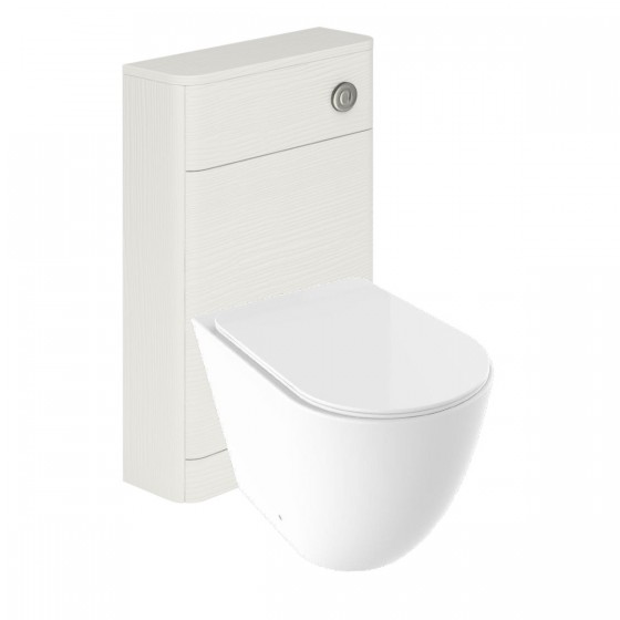 Invent Rimless Back to Wall Pan, Slim Soft Close Seat, Cuban White Wood WC Unit and Concealed Cistern