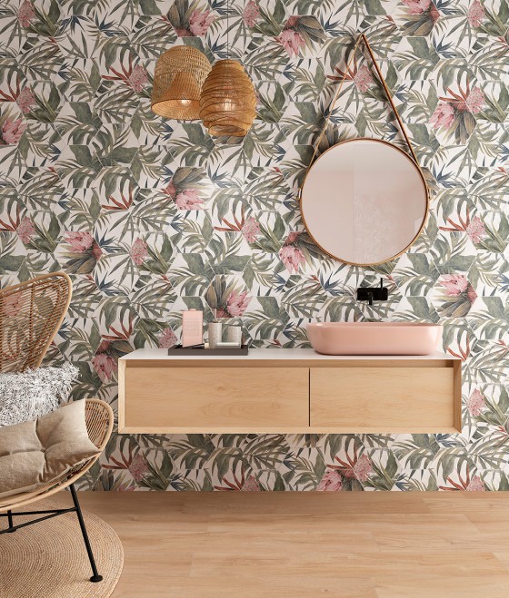 Botanical Hexagon White Floral Porcelain Floor and Wall Tile 230x270mm