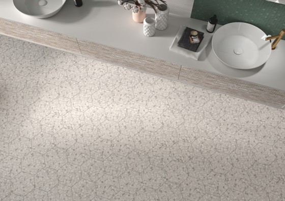 Terrazzo Hexagon White Porcelain Floor and Wall Tile 230x270mm