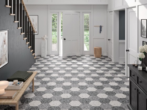 Terrazzo Hexagon Black Porcelain Floor and Wall Tile 230x270mm