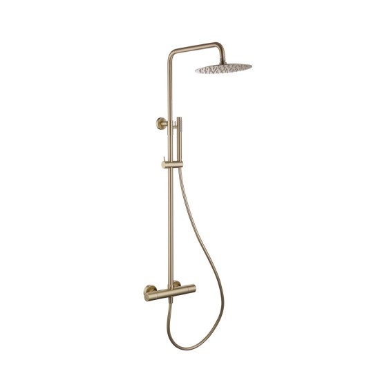 Quadro Brushed Brass Cool Touch Thermostatic Shower With Fixed Overhead And Riser Kit