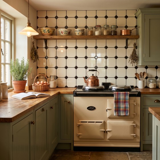 Cotswolds English Cream Gloss Octagon Ceramic Wall Tile 150x150mm with Parliament Black Taco (Insert)