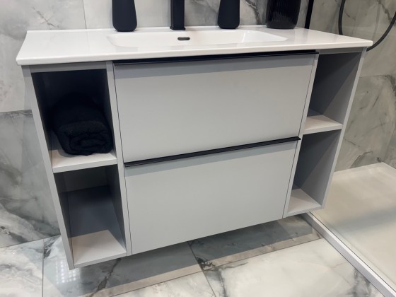 Look Wall Hung 100cm 2 Drawer Basin Unit Matt Stone with Black Handles 