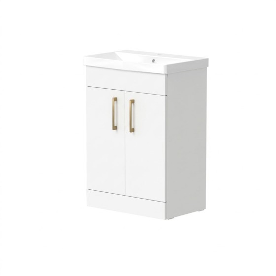 Portland 50cm Two Door Floorstanding Unit & Basin in White Gloss with Burshed Brass Handles