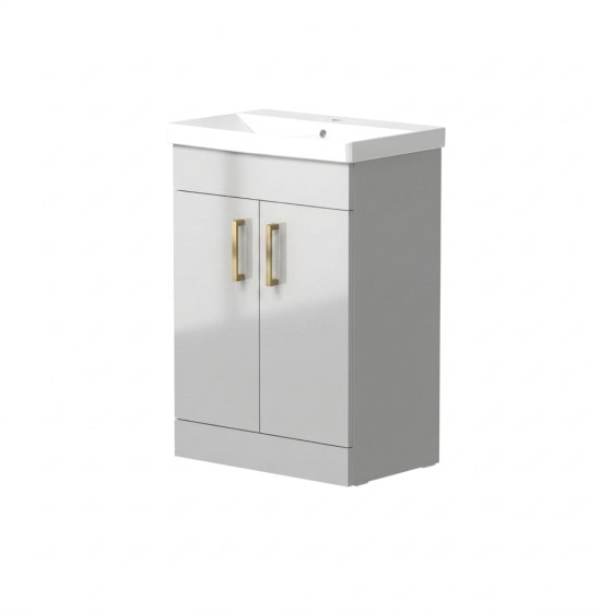 Portland 50cm Two Door Floorstanding Unit & Basin in Gloss Grey with Burshed Brass Handles