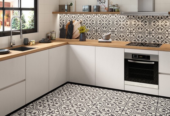 Salisbury Black Flower On White Ceramic Floor and Wall Tile 200x200mm