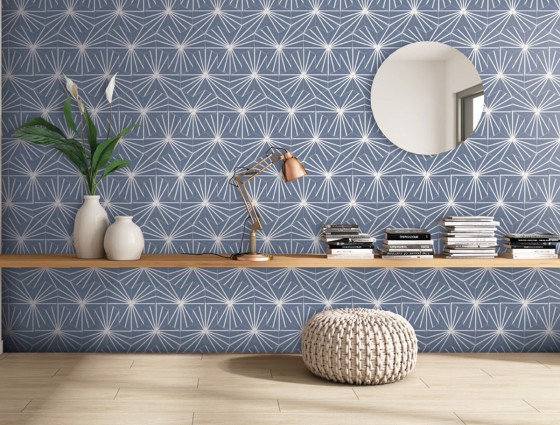 Lily 5 Hexagon Blue Line Decor Porcelain Floor & Wall Tile 198x228mm