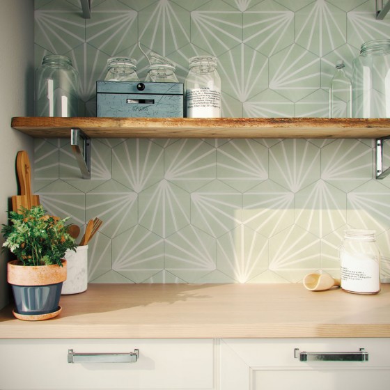 Lily 5 Hexagon Green Line Decor Porcelain Floor & Wall Tile 198x228mm