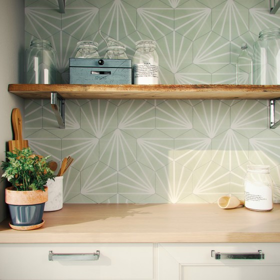 Lily 5 Hexagon Green Line Decor Porcelain Floor & Wall Tile 198x228mm