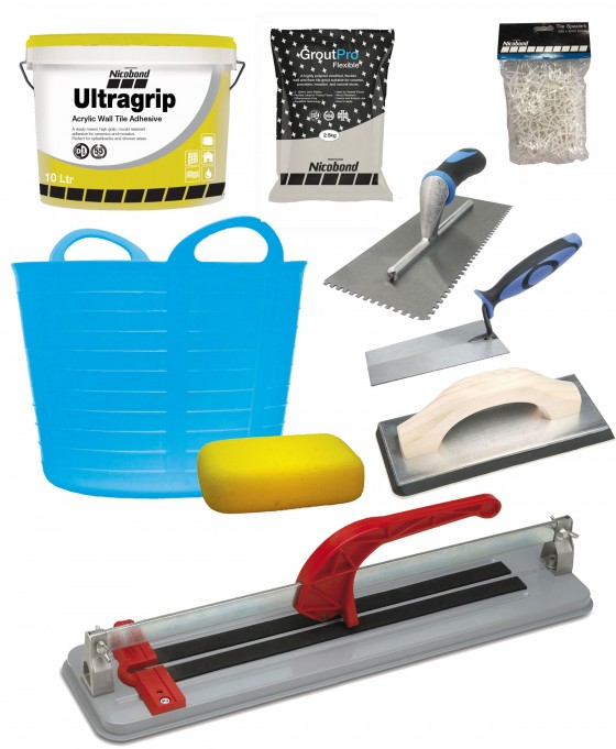 Complete Ceramic Wall Tiling Pack for Dry Areas with White Grout, Tools