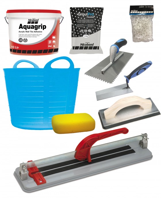 Complete Ceramic Wall Tiling Pack for Dry & Wet Areas with Silver Grey Grout, Tools & Cutter