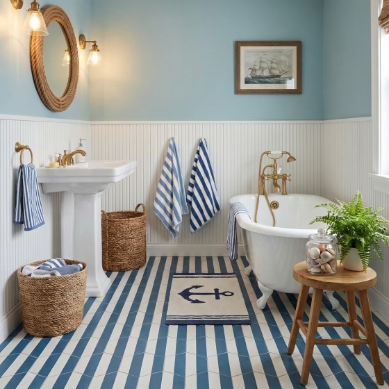 Lily 5 Hexagon Blue Striped Patterned Porcelain Floor and Wall Tile 198x228mm