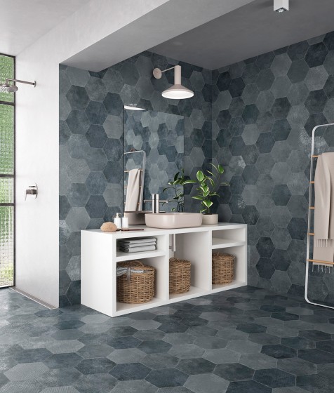 Organic Hexagon Blue Decorated Porcelain Floor and Wall Tile 230x270mm