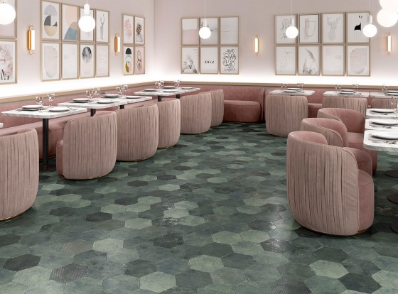 Organic Hexagon Emerald Decorated Porcelain Floor and Wall Tile 230x270mm