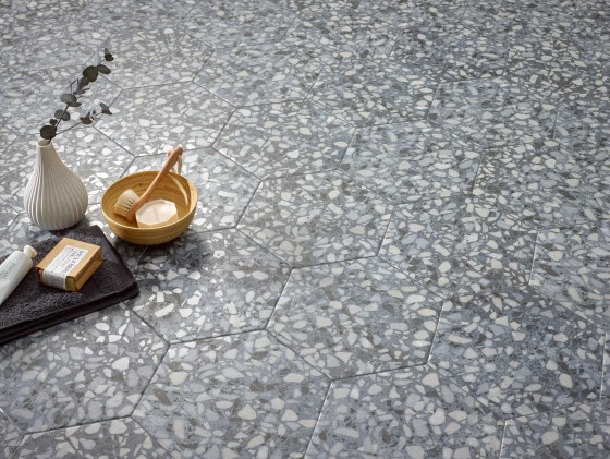 Terrazzo Hexagon Blue Porcelain Floor and Wall Tile 230x270mm