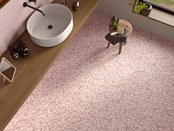 Terrazzo Hexagon Rose Porcelain Floor and Wall Tile 230x270mm