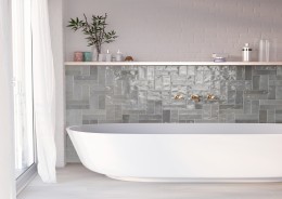 Lifestyle Bathroom, Kitchen, Conservatory, Hallway/Living Area with Gloss Polished Linear High Shine Carnival Grey Bordeaux Porcelain Floor and Wall Tile