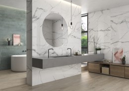 Lifestyle Bathroom Hallway Entrance Infinity White Marble Polished Porcelain Floor and Wall Splashback  600x1200mm