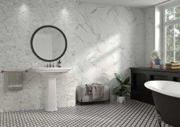 Lifestyle Bathroom Interior warm Naples White Marble Ceramic gloss cool veining wall tile