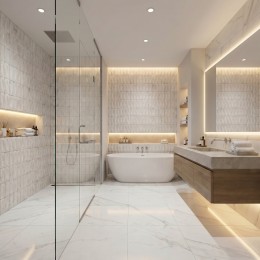 Lifestyle Bathroom, Kitchen, Conservatory, Hallway/Living Area with A variant of the classic Calcatta marble Satin Semi Polished Capri White Marble Rectified Porcelain Floor and Wall Tile Indoor Outdoor