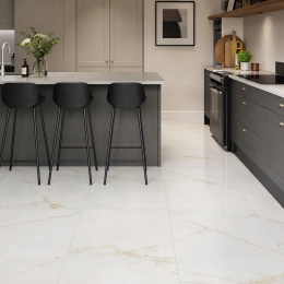 Lifestyle Bathroom, Kitchen, Conservatory, Hallway/Living Area with A variant of the classic Calcatta marble Satin Semi Polished Capri Gold Marble Rectified Porcelain Floor and Wall Tile Indoor Outdoor