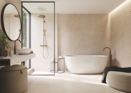 Lifestyle Bathroom Hallway Living Room with Horizon Light Beige Matt Stone Effect Porcelain Ceramic Tile