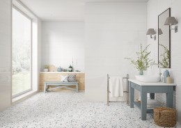 Lifestyle Bathroom Hallway Dining Rooms with Terrazzo Effect mix black Rust Charcoal Neutral Stone Speckled Gemini White Porcelain Wall Floor Tile