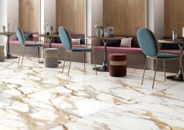 Lifestyle Bathroom Kitchen with Luxe Volga Carrara Gloss Porcelain White with Gold Veining Wall Floor Tile