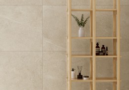 image of Veinstone Ivory Matt Porcelain Wall & Floor Tile 1000x1000mm used in a warm tone bathroom with wood furniture