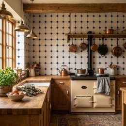 image of cotswold octagon tile used with blue tacos on a vintage kitchen wall