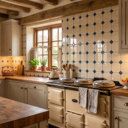 image of Costswolds English Cream Gloss Octagon Ceramic Wall Tile 150x150mm with Oxford Blue Taco (Insert) used on old kitchen wall