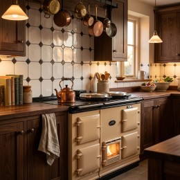 image of Cotswolds English White Gloss  Octagon 150x150mm with Parliament Black Taco being used on a wall in a old style kitchen