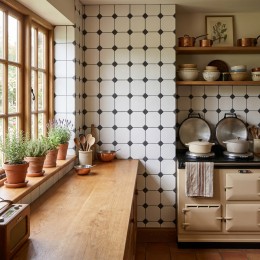 image of Cotswolds English White Matt Octagon Ceramic Wall Tile 150x150mm with Parliament Black Taco (Insert) used in old style kitchen wall