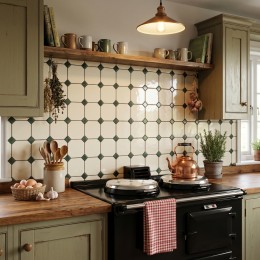 image of Cotswolds English Cream Gloss Octagon Ceramic Wall Tile 150x150mm with Racing Green Taco (Insert) used on vintage style kitchen