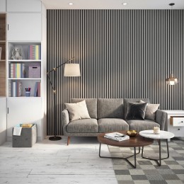 image of Acoustic Wood Slat Wall Panel Grey Oak 2400x600mm in lounge