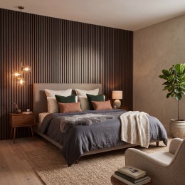 image of Acoustic Wood Slat Wall Panel Walnut 2400x600mm used in bedroom