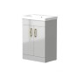 Portland 50cm Two Door Floorstanding Unit & Basin in Gloss Grey with Burshed Brass Handles