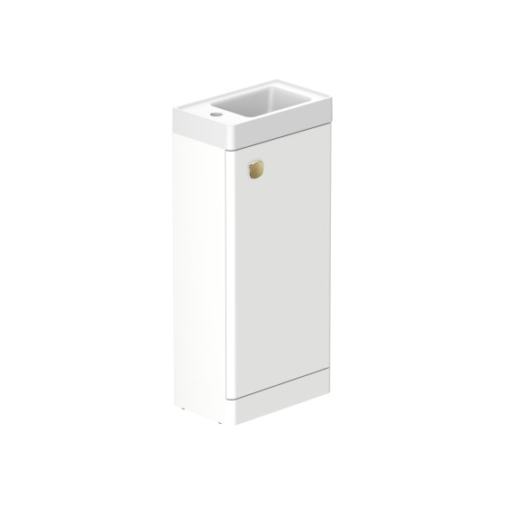 Stanway 40cm Single Door Floorstanding Cloakroom Unit & Mineral Cast Left Hand Basin in Arctic White with Satin Brass Handle