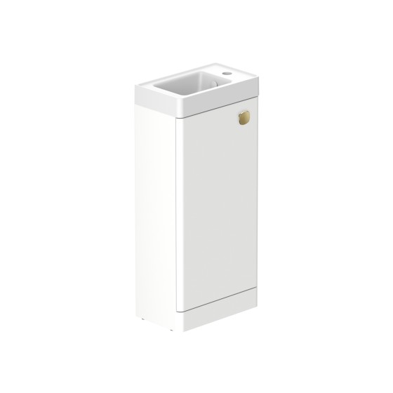 Stanway 40cm Single Door Floorstanding Cloakroom Unit & Mineral Cast Right Hand Basin in Arctic White with Satin Brass Handle