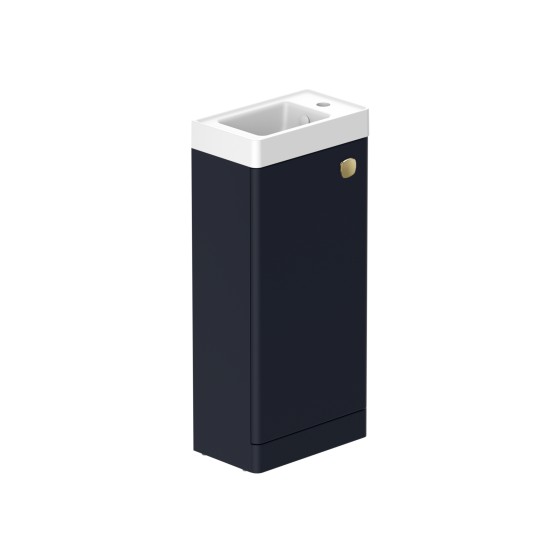 Stanway 40cm Single Door Floorstanding Cloakroom Unit & Mineral Cast Right Hand Basin in Navy with Satin Brass Handle