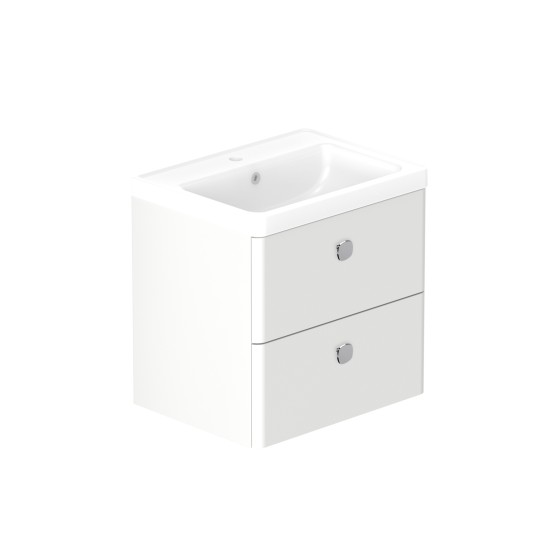 Stanway 60cm Two Drawer Wall Hung Unit & Ceramic Basin in Arctic White with Satin Chrome Handles