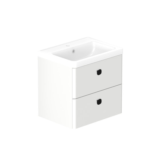 Stanway 60cm Two Drawer Wall Hung Unit & Ceramic Basin in Arctic White with Matt Black Handles