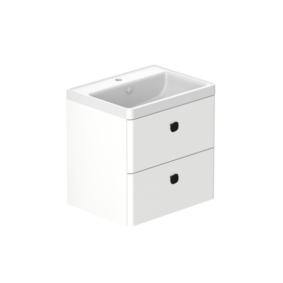 Stanway 60cm Two Drawer Wall Hung Unit & Mineral Cast Basin in Arctic White with Matt Black Handles