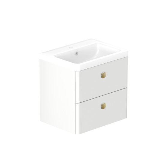 Stanway 60cm Two Drawer Wall Hung Unit & Ceramic Basin in Arctic White with Satin Brass Handles