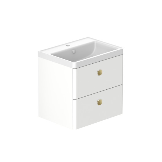Stanway 60cm Two Drawer Wall Hung Unit & Mineral Cast Basin in Arctic White with Satin Brass Handles